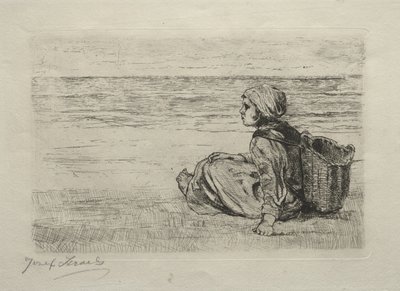 Flicka med korg sittande på stranden av Jozef Israëls