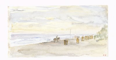 Strandvy med ryttare och strandstolar av Jozef Israëls