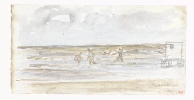 Badande i havet och en strandvagn av Jozef Israëls