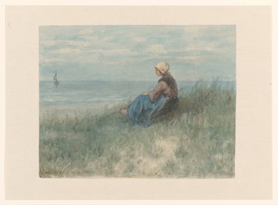En kvinna sitter på en dyn och tittar ut mot havet av Jozef Israëls