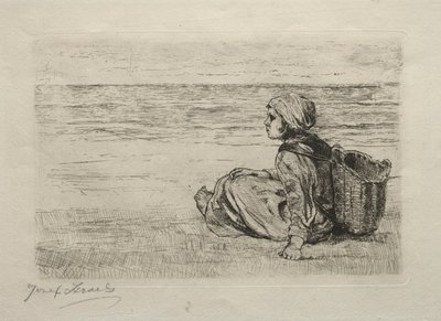 Flicka med korg sittande på stranden av Jozef Israëls