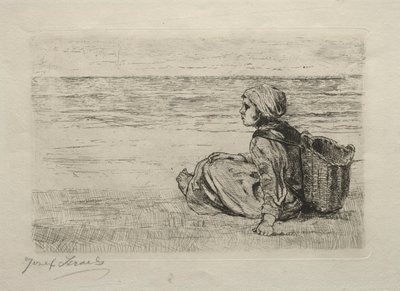 Flicka med korg sittande på stranden. av Jozef Israëls