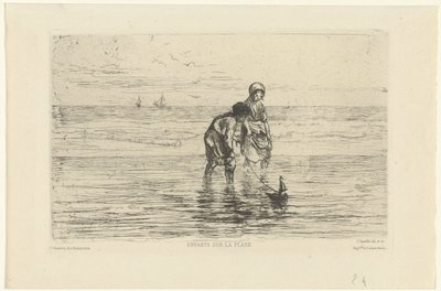 Barn som leker med en båt på stranden Enfants sur la plage (titel på objekt) av Jozef Israëls