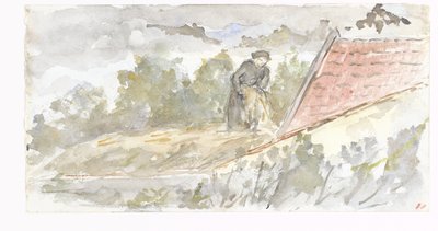 Landskap med kvinna och tak på ett hus av Jozef Israëls