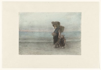 Kvinna med barn som går på stranden av Jozef Israëls