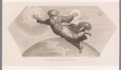Gud skapar solen och månen Fecit duo luminaria magna. gen. I. Fredericae Belgii reginae (titel på objekt) Les loges de Raphaël (...) sujets de la bible (serietitel) Bibliska scener från Rafaels loger (serietitel) av Jozef Karel De Meulemeester