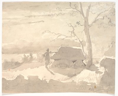 Landskap i månsken. En jägare bredvid en Dolmen av Jørgen Roed