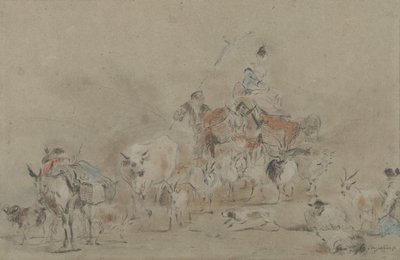 Migrerande flock med en herdinna på en mula av Jérôme François Chantereau