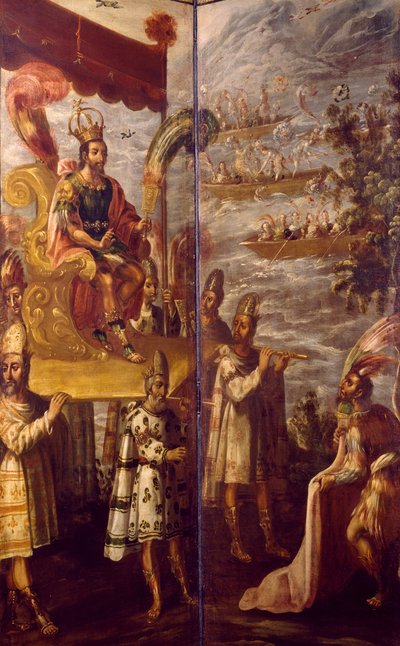 Montezuma, detalj från mötet mellan Cortes och Montezuma, skärm tillskriven Juan Correa (1645-1716), olja på duk, 250x600 cm av Juan Correa