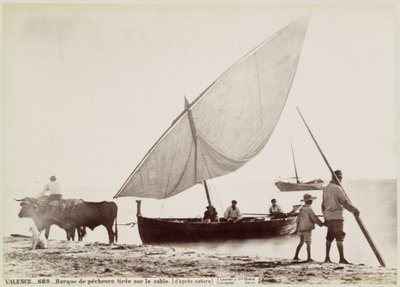 Ossen trekken vissersboot het strand op i Valencia VALENS.- Fiskebåt ritad på sanden. (från naturen) (titel på objekt) av Juan Laurent