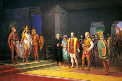 Hernan Cortez möter Montezuma i Mexiko av Juan Ortega