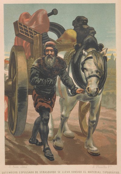 Johannes Gutenberg lämnar Strasbourg. Från: Science and its men, 1879. av Juan Planella y Rodríguez