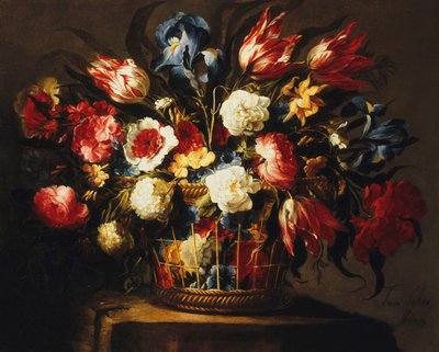 Blommor i en korg på en stenavsats, av Juan de Arellano