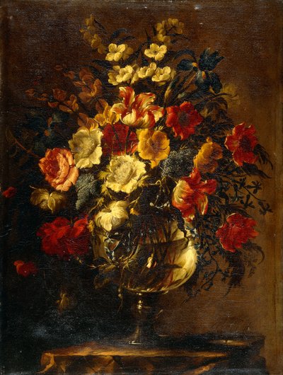 Blommor i en glasvas på en sten, av Juan de Arellano