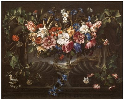 Blomsterkrans med landskap av Juan de Arellano