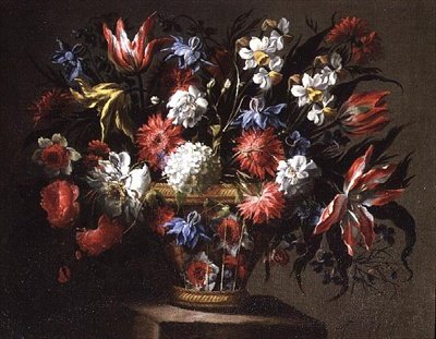 Stilleben av tulpaner, påskliljor och andra blommor i en korg av Juan de Arellano