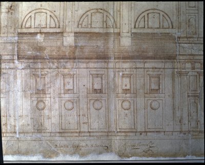 Detalj av utsidan av fasaden på Valladolidkatedralen på Santa Maria-torget (ritning) av Juan de Herrera