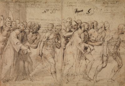 Studie för Saint Stephen Being Led to His Martyrdom, 1566 (penna & brunt bläck, grått tvätt och (senare?) spår av röd krita på papper) (recto) av Juan de Juanes Juan de Juanes