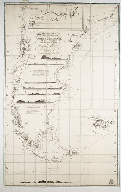 Karta över Chile, Patagonien, Eldslandet och Falklandsöarna, ca 1798 (gravyr) av Juan de Langara