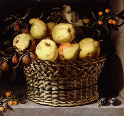 En flätad korg med frukt på en stenavsats, av Juan van der Hamen y Leon