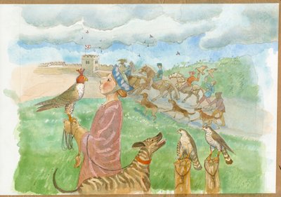En tidigmedeltida jaktscen (akvarell på papper) av Judith Dobie