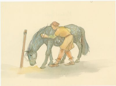 En medeltida brudgum som borstar en häst, 2004. av Judith Dobie