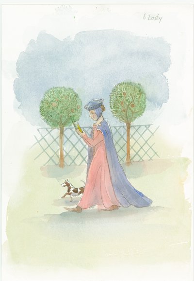 En medeltida dam i en trädgård, 2004. av Judith Dobie