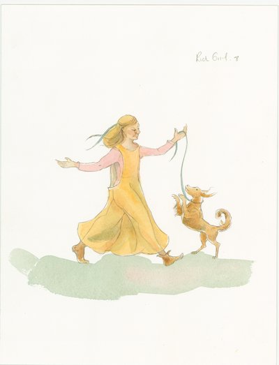 En medeltida kvinna som leker med en hund, 2004. av Judith Dobie