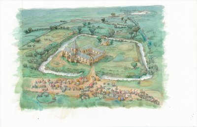 En rekonstruktionsmålning som visar en snedbild av Latton Priory som den kan ha sett ut i slutet av 1100-talet av Judith Dobie