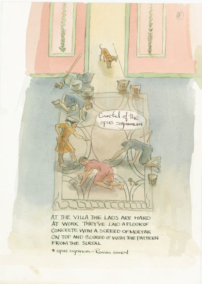Hantverkaren och hans arbetare lägger ett golv till Julias mosaik, 2003. av Judith Dobie