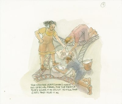 Två arbetare som fogar en golvpanel tillverkad och övervakad av hantverkaren, 2003. av Judith Dobie