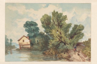 Landskap med rullator och hus på vattnet av Judith Ph. Metelerkamp (signed by artist)