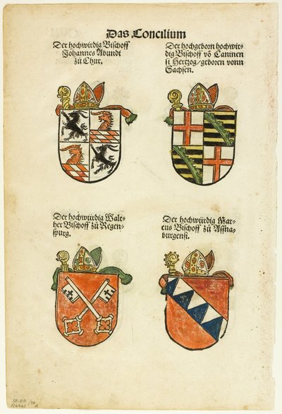 Biskoparnas vapensköldar (recto och verso) från Das Concilium so zu Constantz, plansch 26 från Träsnitt ur böcker från 1500-talet av Jörg Breu the Elder