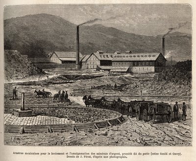 Mexikanska arastras (område trampat av mulornas fötter, som för trampning av bles) för malning och sammanslagning av silvermalmer (Gould och Curry fabriker) i närheten av Virginia City (Nevada), gravyr efter J.Ferats teckning , illustrati av Jules (after) Ferat
