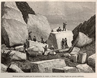 Mormonsnideri granit för tempelkonstruktion. Gravyr efter J.Ferats teckning, för att illustrera historien La conquete blanche, av William Hepworth Dixon, 1875, publicerad i "" Le tour du monde""" 1876, redigerad av Edouard Charton, Hachette-upplagan, Paris av Jules (after) Ferat