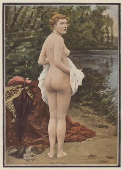 Sommar, kvinna som badar i en sjö (färg litho) av Jules (after) Scalbert