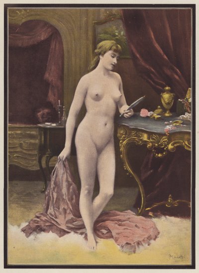 Kvinna med en spegel (färg litho) av Jules (after) Scalbert