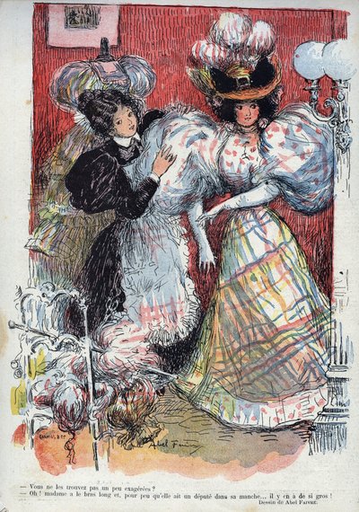 Tycker du inte att de är lite överdrivna? Humoristisk teckning av Abel Faivre (1867-1945). ""Skrattet"", n. 45 1895. - En kvinna provar en ny klänning, med två stora ärmar. Hon ber om råd från sin utklädda. av Jules Abel Faivre