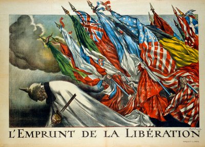 Första världskriget: "The Borrowing of Liberation", Vilhelm II (1859 - 1941) bugade sig under allierade flaggor. Illustration av Abel Faivre (1867-1945) av Jules Abel Faivre