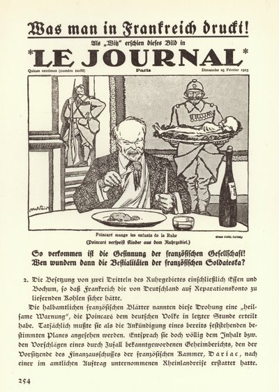 Tysk propaganda som skildrar förstasidan på en fransk tidning med en tecknad serie som visar premiärminister Raymond Poincare äta upp barnen i Ruhr under den franska ockupationen av regionen av Jules Abel Faivre