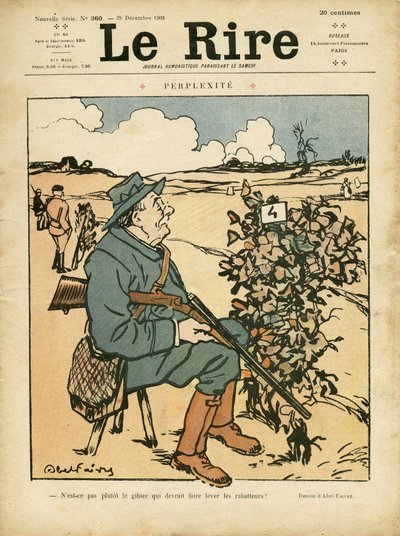 Illustration av Abel Faivre (1867-1945) för omslaget till Le Lire, 25/12/09 - Perplexite - Landsbygd, Fritid, Jaktjägare av Jules Abel Faivre