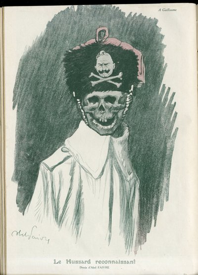 Illustration av Abel Faivre (1867-1945) i "" Fantasio"", 01/05/15 - Den tacksamma Hussard - War of 14 -18, Tyskland Preussian - William II, Reaper/Comrade - Death, FacesRiantes av Jules Abel Faivre