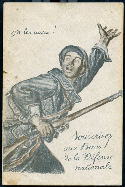 Vykort med prenumeration på det nationella försvarets språng som visar en soldat som går till fronten och ropar ""vi ska ha dem"" av Jules Abel Faivre