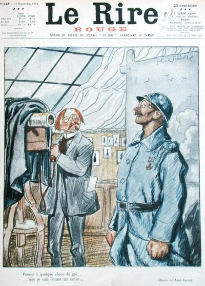 Den franske soldaten med fotografen, karikatyr från framsidan av "Le Rire Rouge" av Jules Abel Faivre