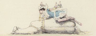 Cirkusartist, liggande på en häst, med duvor på armen och huvudet (färg litho) av Jules Arsene (after) Garnier