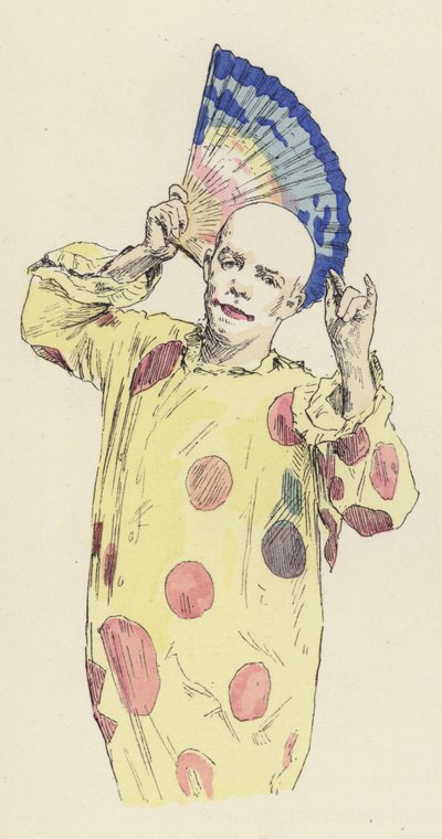 Clown som håller en fläkt (färg litho) av Jules Arsene (after) Garnier