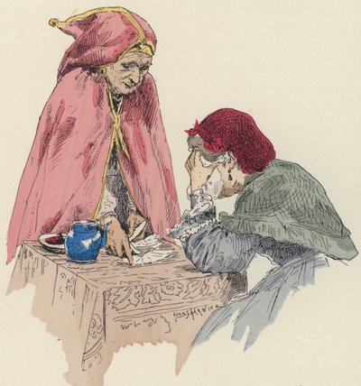 Spåkvinna på mässan (färg litho) av Jules Arsene (after) Garnier