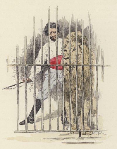 Lejon och lejontämjare i en bur (färg litho) av Jules Arsene (after) Garnier