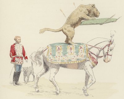 Lejon som balanserar på häst (färg litho) av Jules Arsene (after) Garnier