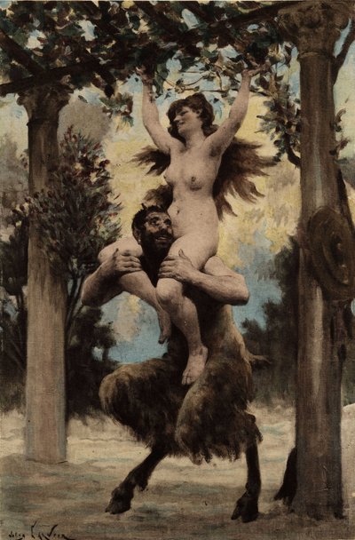 En varelse som består av hälften människa och hälften djur bär en naken kvinna på sin axel i vingården som leder till flaskans tempel. Pantagruel. llustration av Jules Garnier. I "Rabelais et l